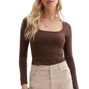 SIGHTBOMB Cold Shoulder Corset Seam Full Sleeve Ribbed Tops for Women