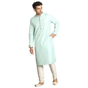 Manyavar Kurta Set for Men, Full Sleeves Mandarin Collar Ethnic Men's Kurta Set for Engagement, Wedding, Party Blended Cotton All Over Self Design (Blue)