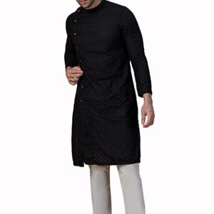 Manyavar Kurta Set for Men, Full Sleeves Mandarin Collar Ethnic Men's Kurta Set for Engagement, Wedding, Party Blended Cotton Embroidery (Black)