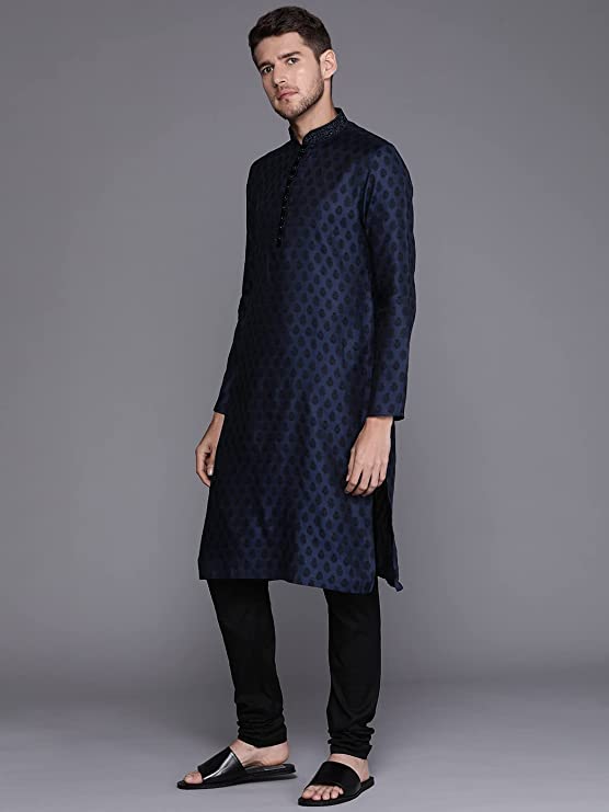 Manyavar Kurta Set for Men, Full Sleeves Mandarin Collar Ethnic Kurta Set for Engagement, Wedding, Party Solid (Blue) - Image 2