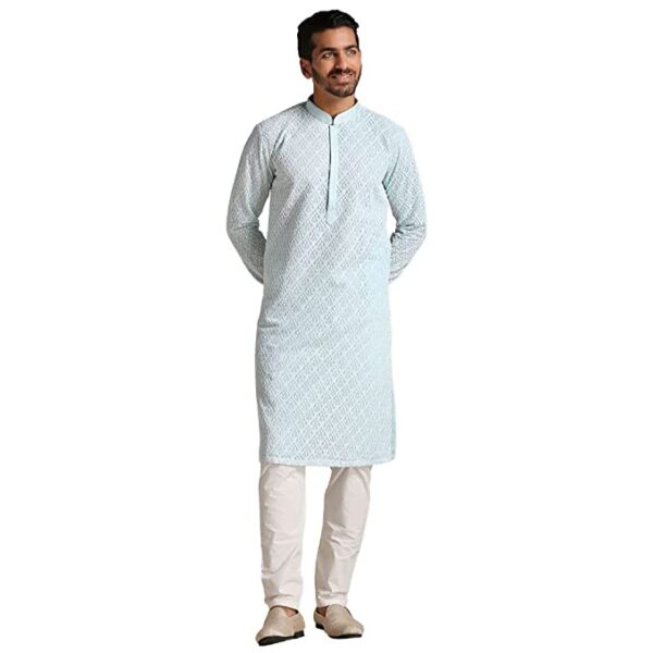 Manyavar Kurta Set for Men, Full Sleeves Mandarin Collar Ethnic Men's Kurta Set for Engagement, Wedding, Party Art Silk Embroidery (Green)