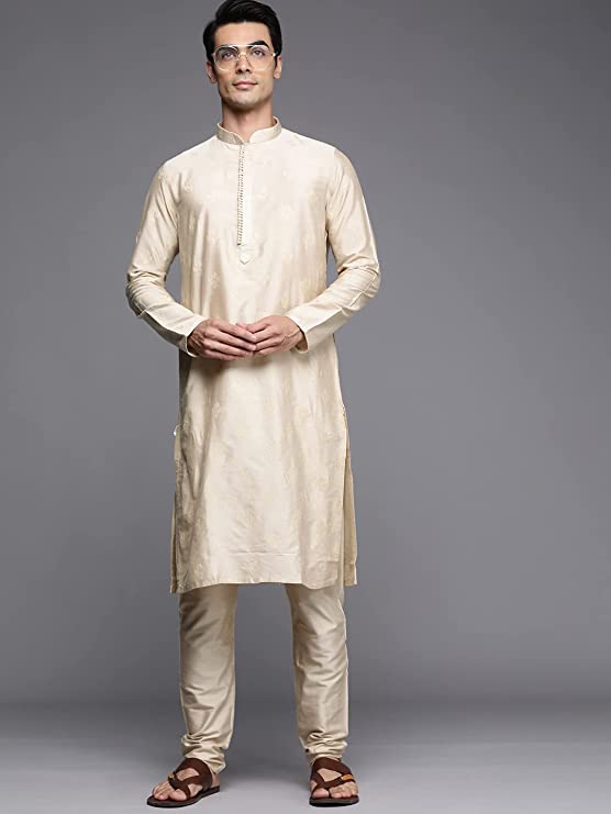 Manyavar Kurta Set for Men, Full Sleeves Mandarin Collar Ethnic Kurta Set for Engagement, Wedding, Party Solid (Beige) - Image 2
