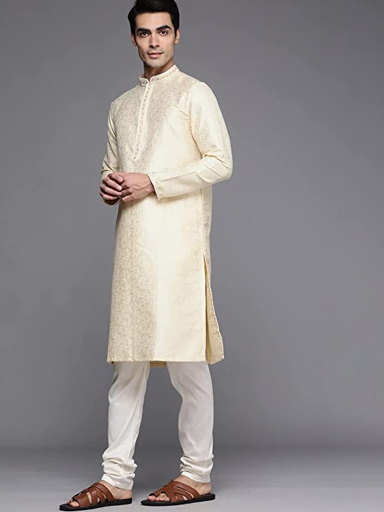 Manyavar Kurta Set for Men, Full Sleeves Mandarin Collar Ethnic Kurta Set for Engagement, Wedding, Party Solid (Beige) - Image 2