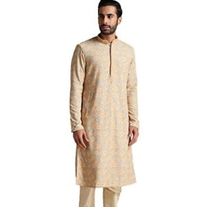 Manyavar Kurta Set for Men, Full Sleeves Mandarin Collar Ethnic Men's Kurta Set for Engagement, Wedding, Party Blended Cotton Printed (Pista)