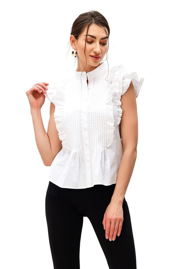 Zapelle Custom Clothing | Women's Embroidery Ruffle Pintuck Pleat Cotton Poplin Blouse | White