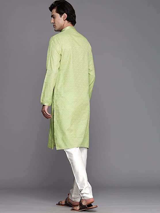 Manyavar Kurta Set for Men, Full Sleeves Mandarin Collar Ethnic Kurta Set for Engagement, Wedding, Party Solid (Green) - Image 3