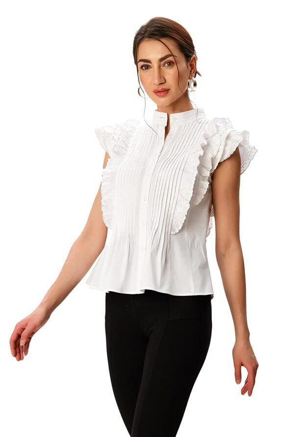 Zapelle Custom Clothing | Women's Embroidery Ruffle Pintuck Pleat Cotton Poplin Blouse | White - Image 3