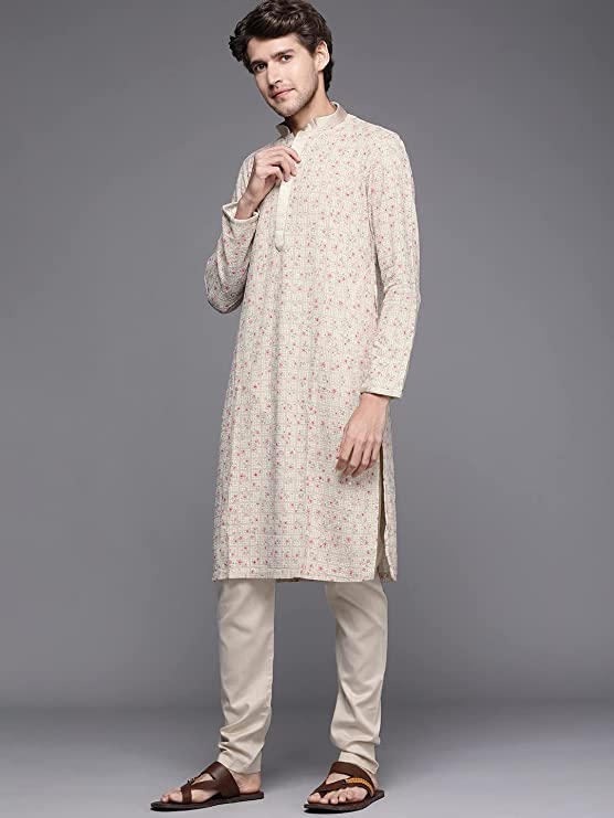 Manyavar Kurta Set for Men, Full Sleeves Mandarin Collar Ethnic Kurta Set for Engagement, Wedding, Party Printed (Beige) - Image 2