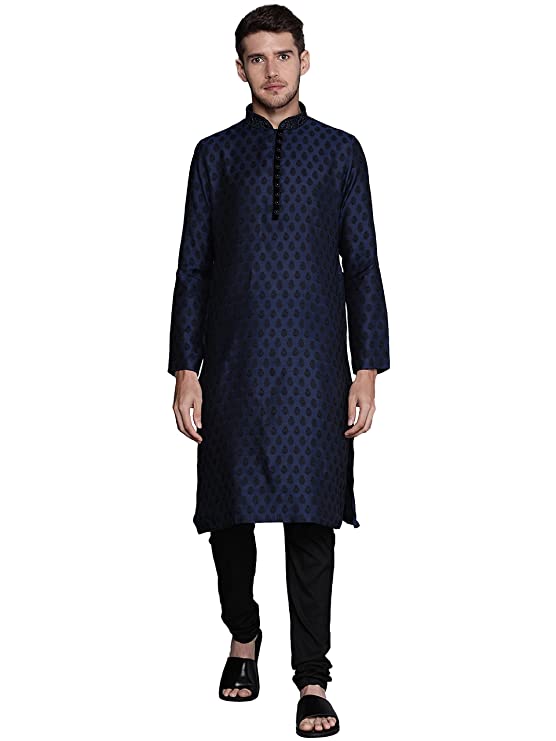 Manyavar Kurta Set for Men, Full Sleeves Mandarin Collar Ethnic Kurta Set for Engagement, Wedding, Party Solid (Blue)