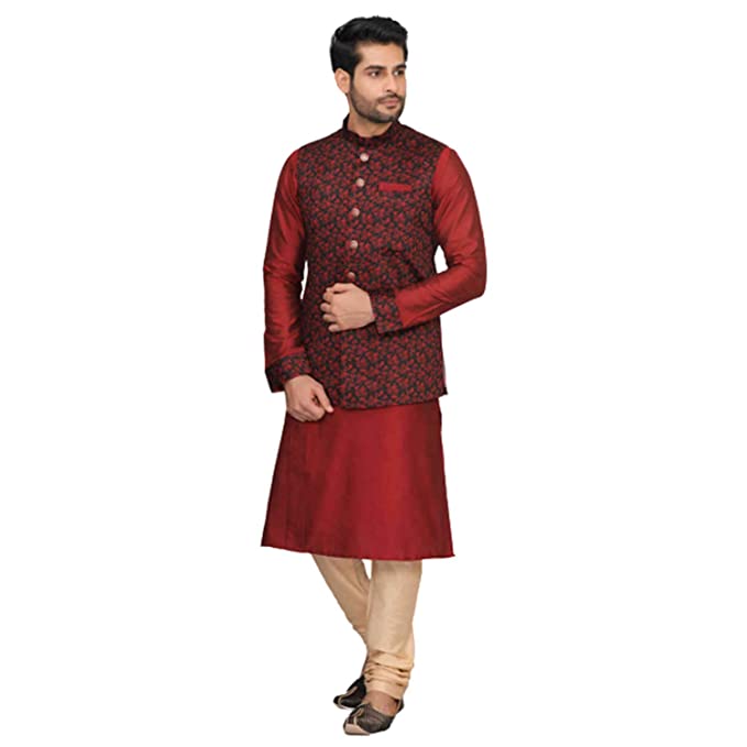 Manyavar Men's Silk Blend Regular Fit Kurta (JAST148-307_Maroon_L) - Image 2