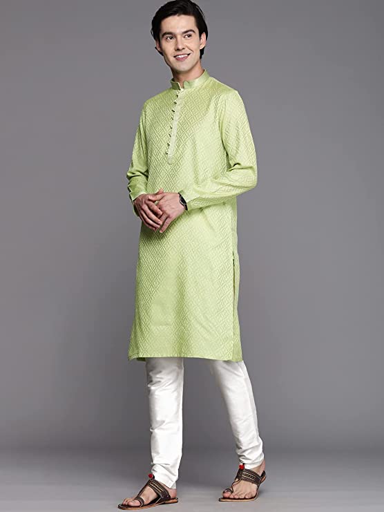Manyavar Kurta Set for Men, Full Sleeves Mandarin Collar Ethnic Kurta Set for Engagement, Wedding, Party Solid (Green) - Image 2