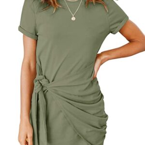 MEROKEETY Women's Short Sleeve Crew Neck T Shirt Dress Tie Waist Ruched Bodycon Mini Dress