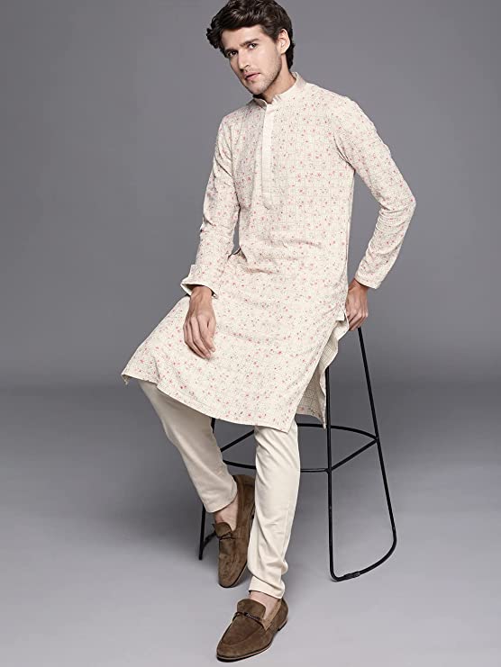 Manyavar Kurta Set for Men, Full Sleeves Mandarin Collar Ethnic Kurta Set for Engagement, Wedding, Party Printed (Beige) - Image 3