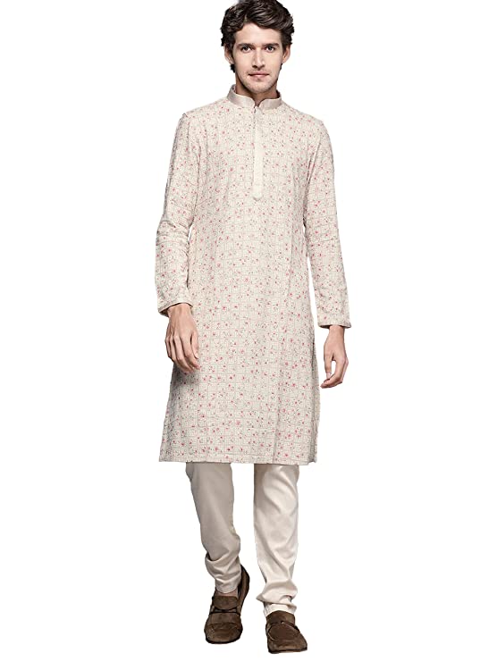 Manyavar Kurta Set for Men, Full Sleeves Mandarin Collar Ethnic Kurta Set for Engagement, Wedding, Party Printed (Beige)