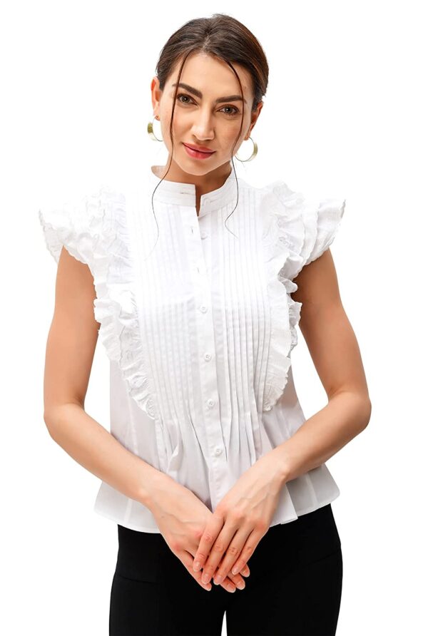 Zapelle Custom Clothing | Women's Embroidery Ruffle Pintuck Pleat Cotton Poplin Blouse | White - Image 4