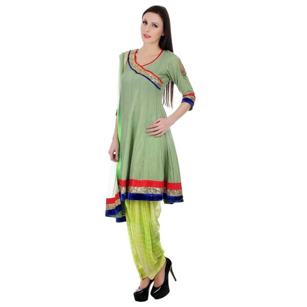 Devaleena Creations Green Chanderi Short Anarkali-Peacock embroidery on the sleeves for Ladies - Image 2