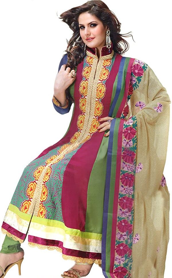 Exotic India Fuchsia and Green Anarkali Choodidaar Kameez Su - fuchsia and greenGarment Size X-Small