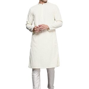 Manyavar Kurta Set for Men, Full Sleeves Mandarin Collar Ethnic Kurta Set for Engagement, Wedding, Party All Over Self Design (Off White)