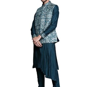 Manyavar Kurta Jacket Set for Men, Full Sleeves Mandarin Collar Ethnic Wear Jacket Set for Festival, Wedding, Party Blended Viscose (Blue)