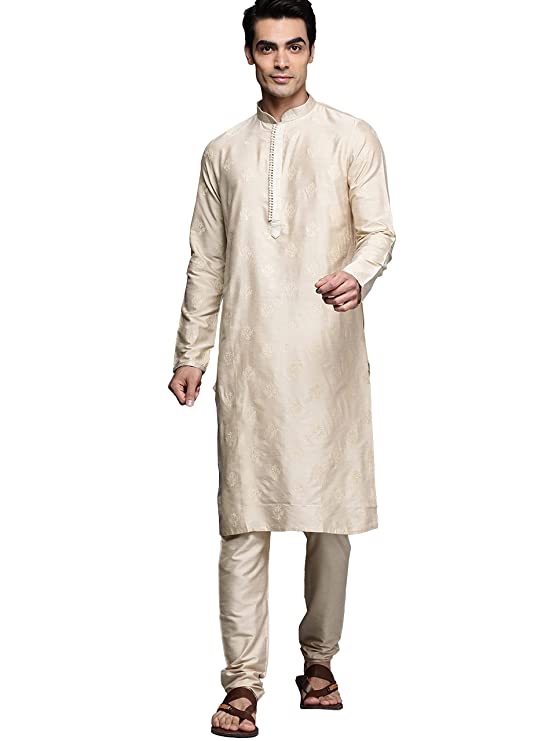 Manyavar Kurta Set for Men, Full Sleeves Mandarin Collar Ethnic Kurta Set for Engagement, Wedding, Party Solid (Beige)