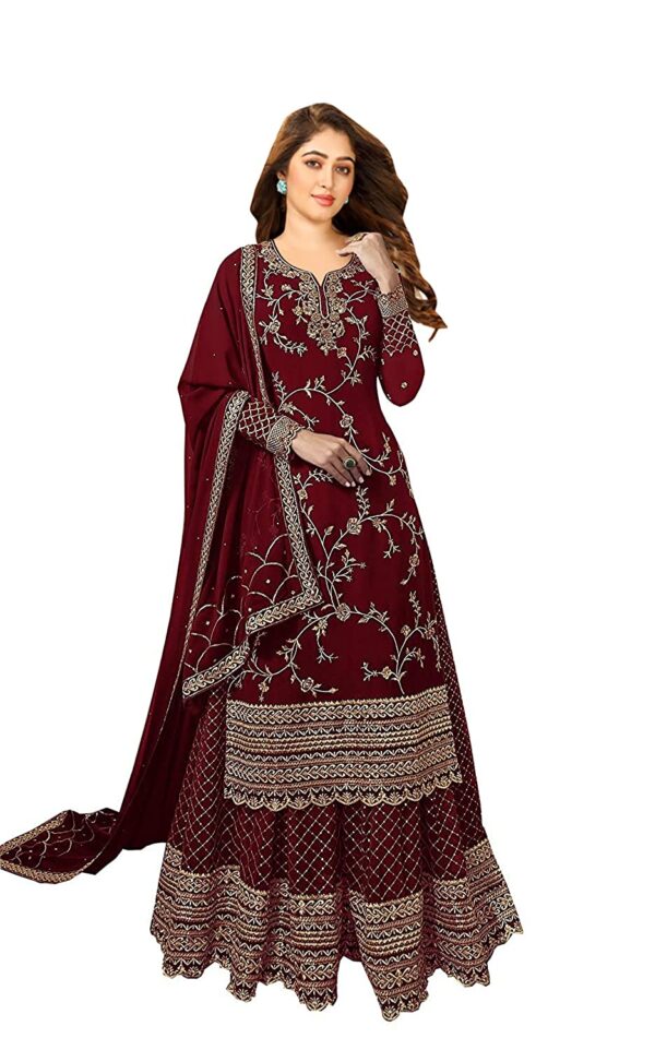 Miss Ethnik Women's Faux Georgette Semi Stitched Top With Stitched Faux Georgette Bottom and Faux Georgette Dupatta Embroidered Straight Kurta Dress Material (Kurta Palazzo Set)