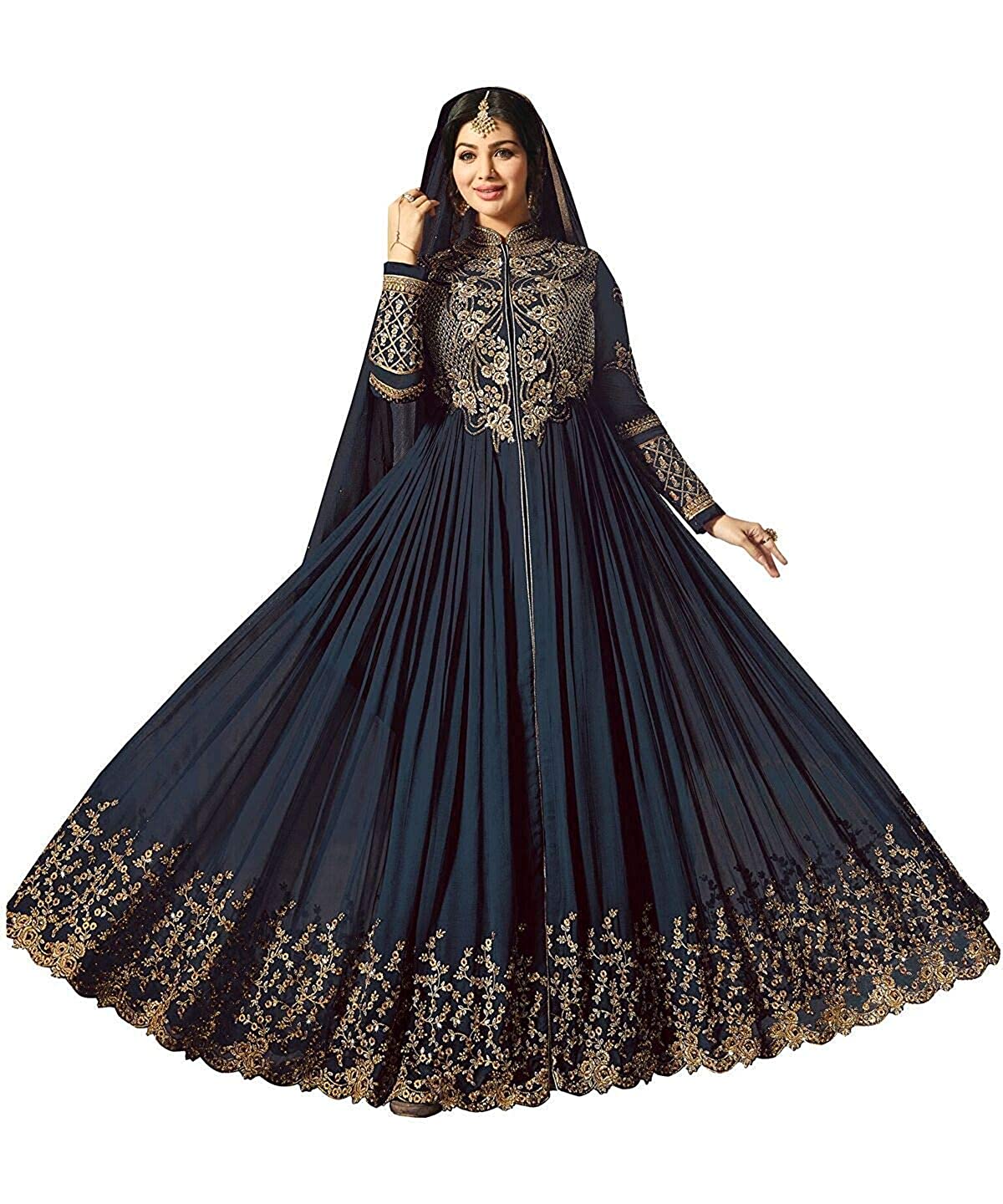 Radhe Creation Women's Faux Georgette Embroidered Semi-stitched Salwar Suit Dupatta Material (Navy Blue, Free Size)