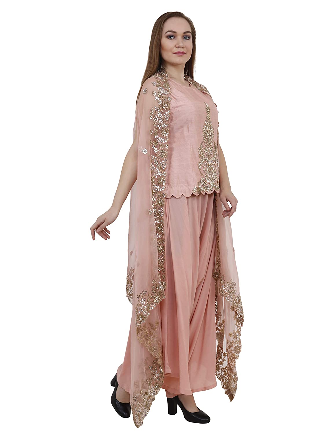 Raoshmi Kapur Designs- Pink georgette Top with hand work & Double georgette dhoti & cape dupatta - Image 3
