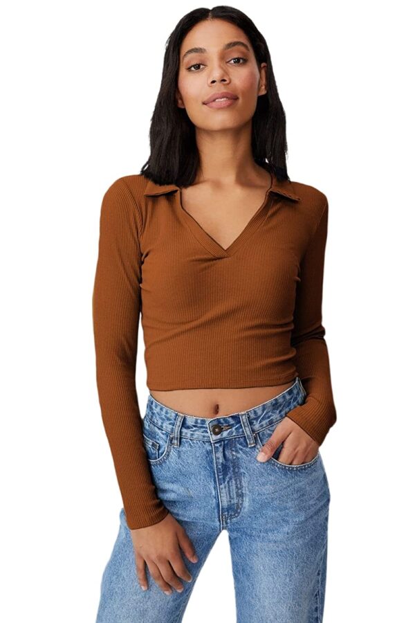 SIGHTBOMB Ribbed Polo Collar Extended Sleeves Tops for Women
