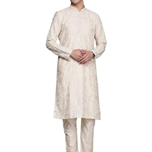 Manyavar Kurta Set for Men, Full Sleeves Mandarin Collar Ethnic Kurta Set for Engagement, Wedding, Party Printed (Off White)