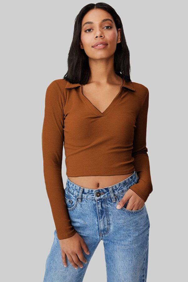 SIGHTBOMB Ribbed Polo Collar Extended Sleeves Tops for Women - Image 3
