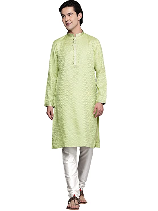 Manyavar Kurta Set for Men, Full Sleeves Mandarin Collar Ethnic Kurta Set for Engagement, Wedding, Party Solid (Green)
