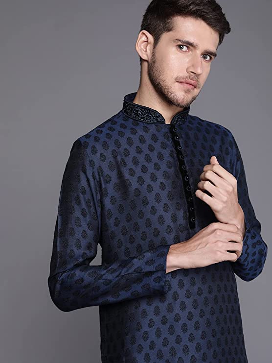 Manyavar Kurta Set for Men, Full Sleeves Mandarin Collar Ethnic Kurta Set for Engagement, Wedding, Party Solid (Blue) - Image 3