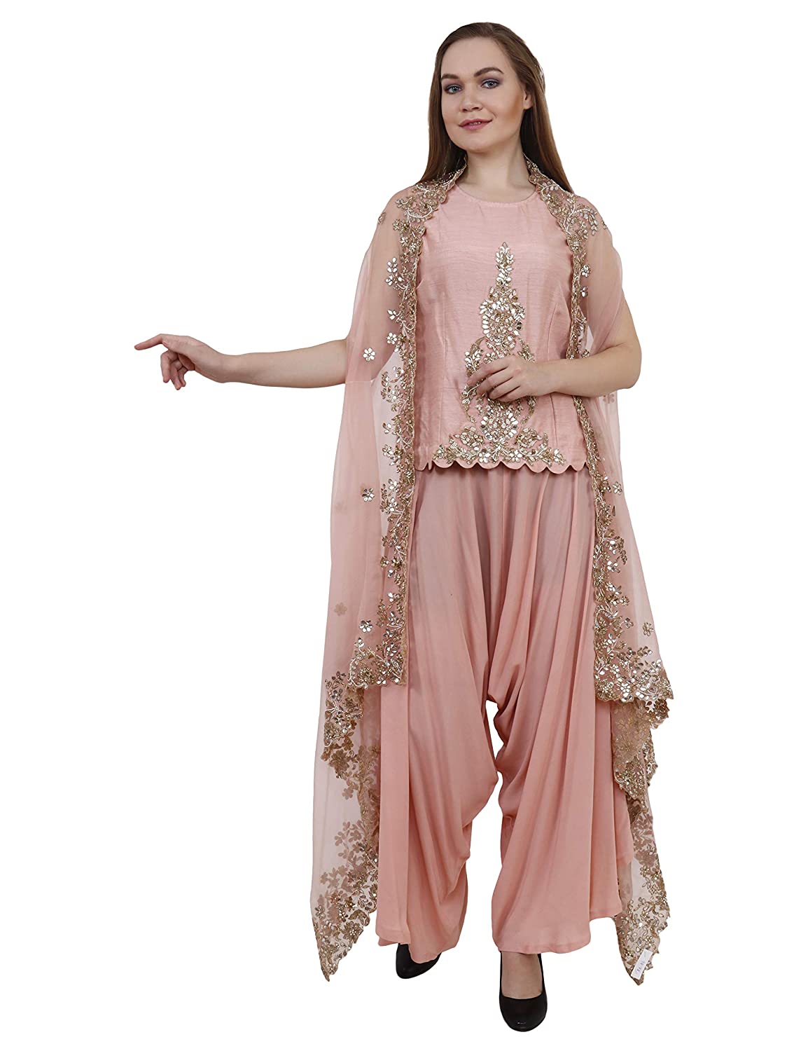 Raoshmi Kapur Designs- Pink georgette Top with hand work & Double georgette dhoti & cape dupatta