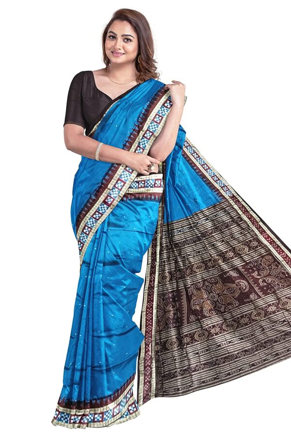 NUAPATANAPATA Women's Sambalpuri Pure Silk Bomkai Saree With Blouse Piece (Nuapatanapata_Blue)