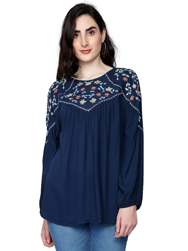 GLORYBOYZ Women's Yoke Embroidered Serene Bohemian Style Elastic Cuff Soft Viscose Blouse Top