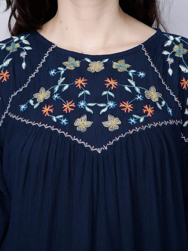 GLORYBOYZ Women's Yoke Embroidered Serene Bohemian Style Elastic Cuff Soft Viscose Blouse Top - Image 2