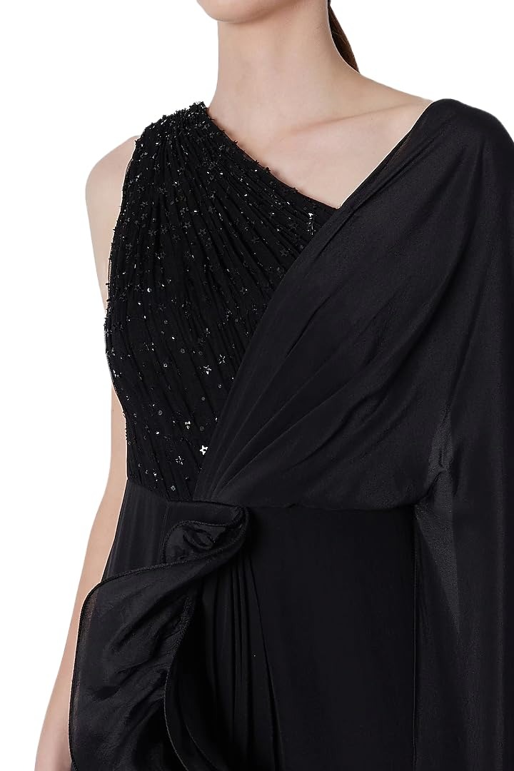 Black Crepe & Net Ruffled Draped One-Shoulder Gown Saree