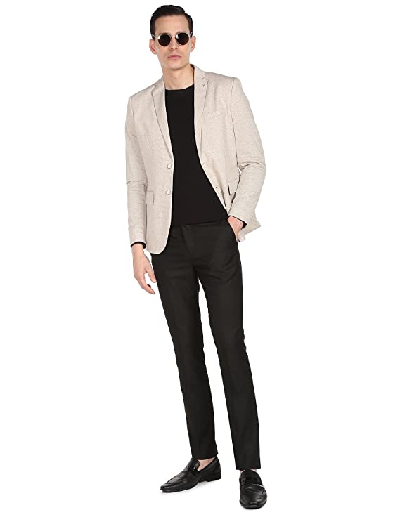 Men Beige Heathered Dobby Weave Formal Blazer - Image 3