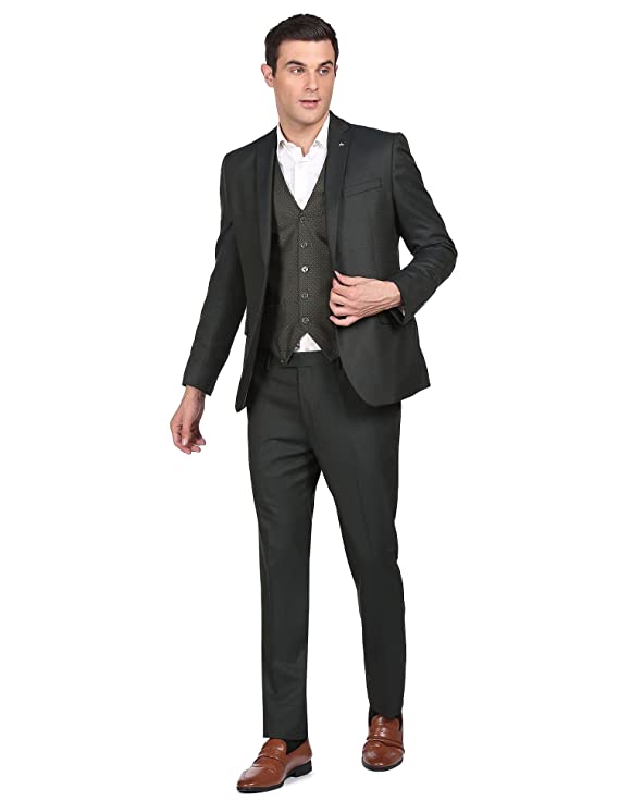 Men Olive Tailored Regular Fit Self Designed Three Piece Suit - Image 3