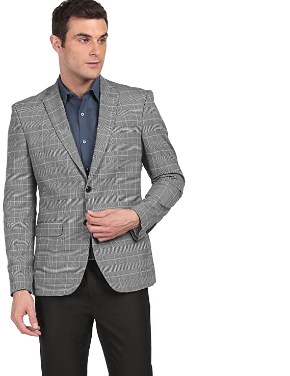 Men Grey Tailored Fit Check Formal Blazer - Image 2