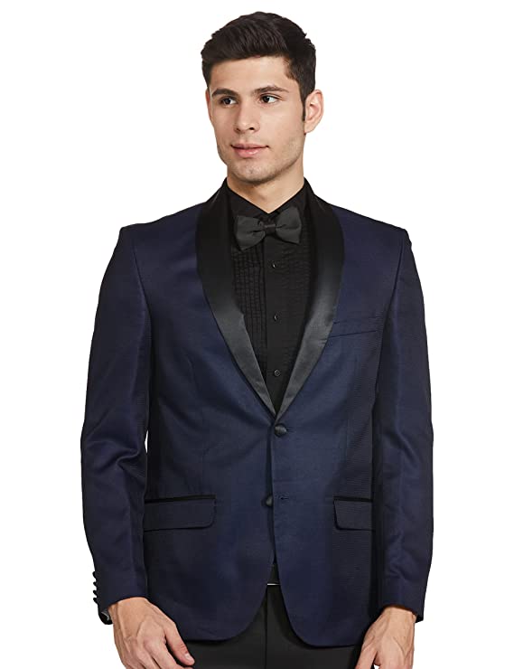 Men Dark Blue Self Design Blazer