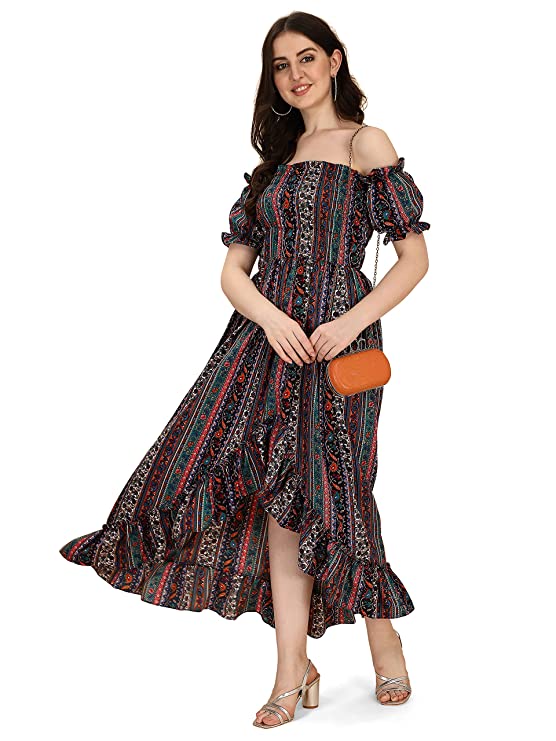 ! Women's Crepe A-Line Maxi Dress (Smocked}